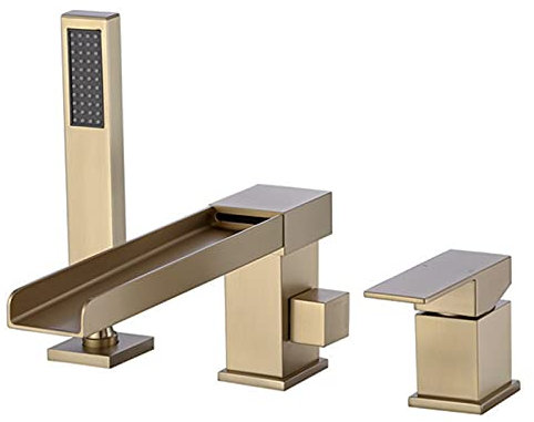 MWAYOYTE Badewannenarmatur, 2 Griffe, 3 Löcher, Badezimmer-Waschtischarmatur, Deckmontage, Badezimmerarmatur, Mischbatterie aus Messing, gebürstetes Gold