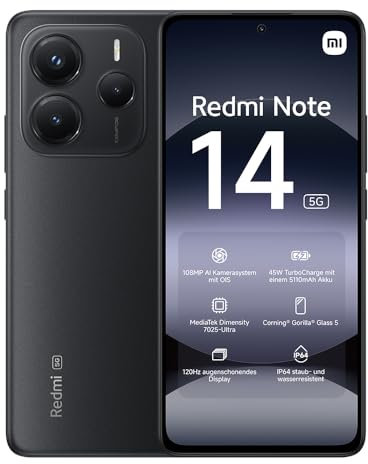 Xiaomi Smartphone Redmi Note 14 5G, 6+128G, Sistema fotografico AI da 108MP, batteria da 5110mAh, display con tecnologia Eye-Care da 120Hz, funzionalità AI (caricabatterie non incluso), Nero