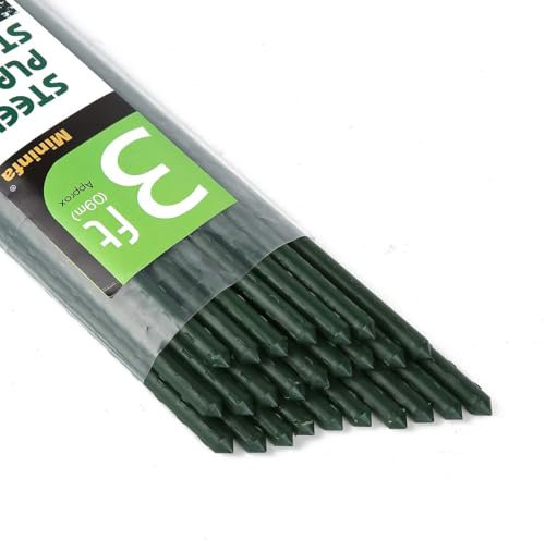 Mininfa Green Metal Garden Plant Stakes 90cm(3ft) x 11mm, 25 Pack, Plastic Coated Steel Garden Canes Supports Climbing for Tomatoes, Trees, Beans, 25 Pack