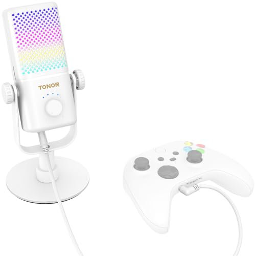 TONOR Micro Gaming Compatible avec Xbox, Microphone de Streaming à Condensateur RGB avec Autonomie de Batterie de 30 Heures, Coupure du Son en Un Clic, Compatible avec Xbox, Blanc, TCX3