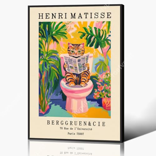 Henri Matisse Leinwandbild, Lustiges Tier-Badezimmer-Poster, süßer getigerter Kater auf Toilette, Druck rosa Dopamin-Badezimmer-Wanddekoration, tropisches Pflanzen- und Tierbild 30x40cm gerahmt