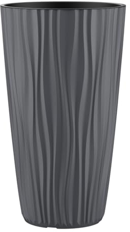 Engelland Pflanzkübel mit Einsatz, Blumentopf mit Wasserspeicher & 3D Struktur, hoch & rund, modern & frostfest, robust & langlebig, für Innen & Außen, Kunststoff, Ø 34 x H 60 cm, Anthrazit