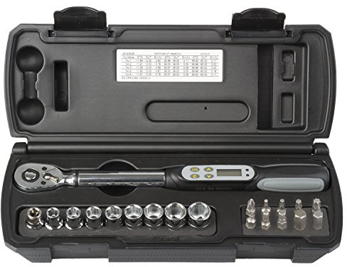 M-Wave Toque Alarm Drehmomentschlüssel Set 19 teilig für Fahrrad, Von 3 bis 60 Nm einstellbar, Torx Bit T25, T30, T40, Innensechskant 3mm-10mm, Außensechskant 8mm-15mm, inklusive, Klein und praktisch