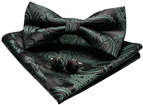 JEMYGINS Dunkelgrün Seide Paisley Grün Fliege und Einstecktuch mit Manschettenknöpfe Sets für Herren(5)