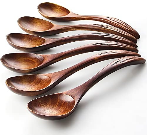 YFWOOD Wooden Spoons 6 Pcs, Janpanese Style Soup or Porridge Spoon 6.89inch X 1.77inch, Well Made Light Weight Teaspoons Kitchen Utensil for Eating Mixing Stirring Cooking