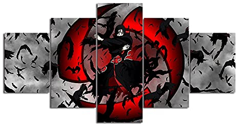 SINGLEAART Leinwanddrucke,5 Teilige Leinwand,5 Stück Wandbild,Wohnzimmer Dekoration,Modular Wandkunst,Brettmalerei,Geburtstagsgeschenk,Uchiha Itachi,Sharingan,Naruto,Akatsuki,150Cm×80Cm,Mit Rahmen