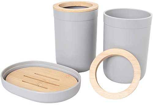 Produktbild BERILO 3er Set Badezimmer Bad mit Bambus Holz - Seifenschale, 2X Zahnputzbecher Becher - grau