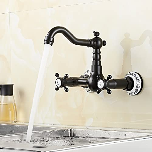 360° Drehbar Wandarmatur Küchenarmatur Messing Antik Wandmontage Doppelhebel Spültischarmatur Waschbeckenarmatur Wasserhahn Wand Waschtischarmatur Retro Waschtischmischer für Küche (Schwarz)
