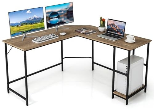 COSTWAY L-Shaped Computer Desk, Large 2-Person Corner Writing Workstation PC Laptop Table, Wooden Metal Frame Home Office Work Study Gaming Desk (Natural, 138 x 138 x 75cm)