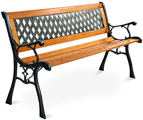 RELAX4LIFE Banc de Jardin en Bois de Pin avec Pieds en Fer Forgé, Banc Bois Extérieur AEC Dossier Ergonomique, Accoudoirs Incurvés pour Parc Cour Pelouse, Charge 208 KG,126X52X74CM(Modèle 11)