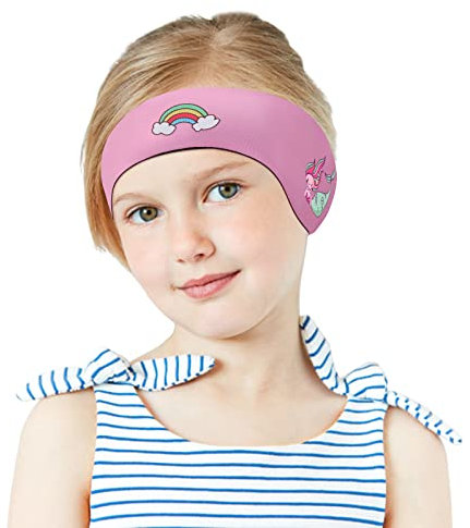 MoKo Schwimmen Stirnband, Neopren Schwimmband Ohrenband Wasserdichtes Kopfband Haarband mit Hohe Elastizität Ohrenschutz Band für Kinder Alter 1-2, S Größe - Rosa&Regenbogen&Meerjungfrau