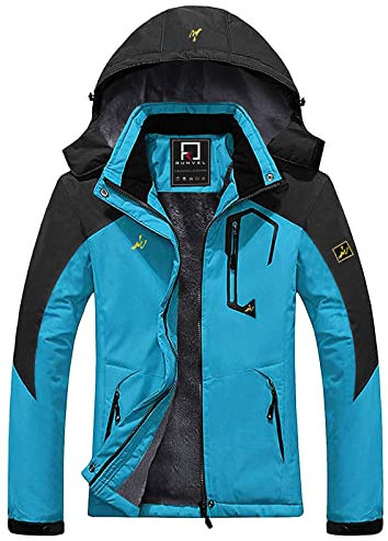 R RUNVEL Damen Mountain Wasserdichte Jacke Winddichte Fleecejacke Outdoor Wintermantel mit Abnehmbarer Kapuze Mehrere Taschen für Camping, blau, 38