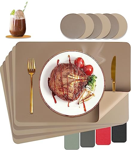 HELI MIAO Tischsets Abwaschbar,Platzsets Abwischbar,Tischset Leder,Hitzebeständig Doppelseitigen I 6er Set Platzdeckchen Lederoptik mit Untersetzer,Tischuntersetzer,Platzdecken(braun+Tan)