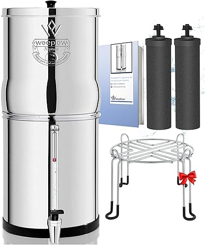 Weeplow® Neptune - Système de Filtration d'Eau par Gravité 11 Litres AISI 304 avec 2 Eléments de Purification O'Pure 2, Robinet avec Niveau d'Eau et Support Inox Offert
