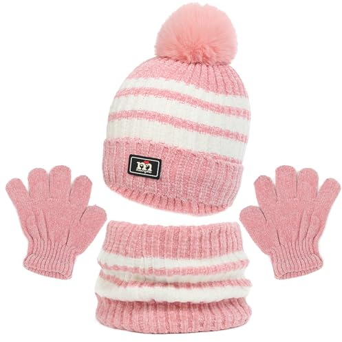 Oneshlee Mütze Schal Handschuhe Set Kinder Winter, Winterhandschuhe Loop Schal Wintermütze Strick Strickmütze Für Mädchen Jungen 2-10 Jahre, Warm Thermo Für Outdoor Sport Fahrrad Ski (Rosa)