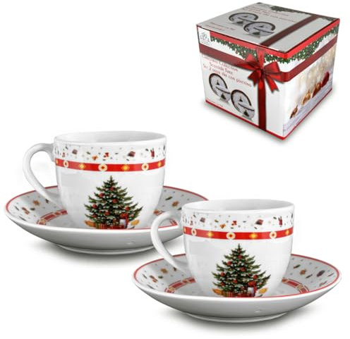 ARCA, Set di 2 Tazze con Piattino in Porcellana, per 2 Persone, con Decorazione Natalizia Albero di Natale, Resistenti e Durature, Ideali per la Tavola, Idea Regalo Natale, 6x9 cm