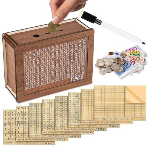 SFSSHUI Spardose Holz,Wiederverwendbare Spardose,Sparbox Mit Zahlen Ankreuzen,Spardose Mit Sparziel,Spardose Mit Ziel,Sparbox Deine 500,1000,2000,3000,5000,10000 Euro (8 Stück)