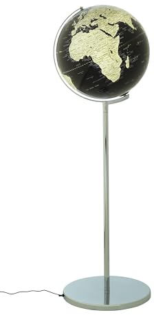 TROIKA Standglobus beleuchtet Ø 43 cm, Höhe 1,32 m SOJUS LIGHT Globus schwarze Meere & silberfarbene Landflächen mit Kartenrelief und Licht verchromter Metallfuß weicher Filzboden bewegliche Achse