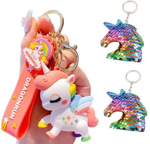 3Pièces Porte clef licorne,porte-clés licorne,porte cle licorne,cadeaux souvenirs filles garçons jouet porte-Silicone Pendentif Porte-Clés Anime 3D Keychain Décoration Pocket Keychain (white)