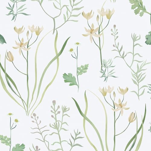 Reqfen Selbstklebende Tapete Blumen 41CM*3M Vinyl Klebefolie Abnehmbar Wasserdicht Kontakt Papier Möbelfolie für Wohnzimmer Schlafzimmer Badezim Wand Schrank Möbel Grün&Weiß