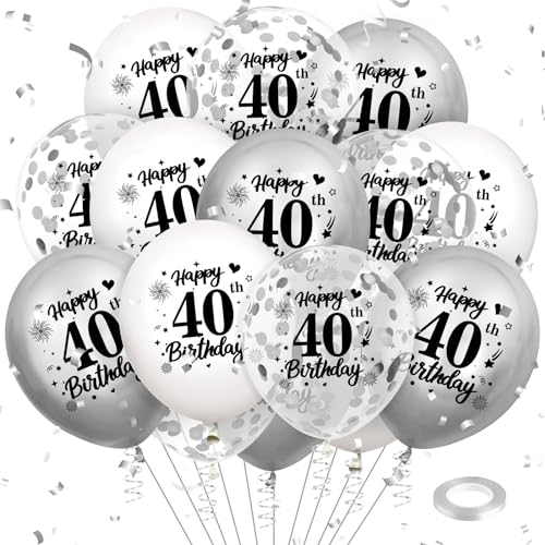 Luftballon 40. Geburtstag Deko 18 Stück Weiß Silber Ballons - 40 Jahre Geburtstagsdeko Happy Birthday Deko Latex Konfetti Ballon für Männer Frauen 40. Jubiläum Geburtstag Party Dekoration 12Zoll