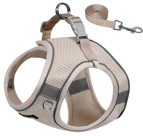 AIITLE Hundegeschirr und Leine, kein Ziehen, verstellbares Hundegeschirr mit gepolsterter Weste für jedes Wetter, reflektierendes Haustiergeschirr, einfach anzuziehen, für kleine Hunde, Beige, Größe S