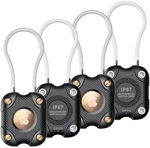 DEERLET 4 Pack Airtag Holder with Wire Cable, Secure Lock AirTag Keyring,IPX7 Waterproof,360°Hard Protective Air Tag. Keyring Holder for Apple Air tag for Key Chain,Key Ring,Car,Luggage