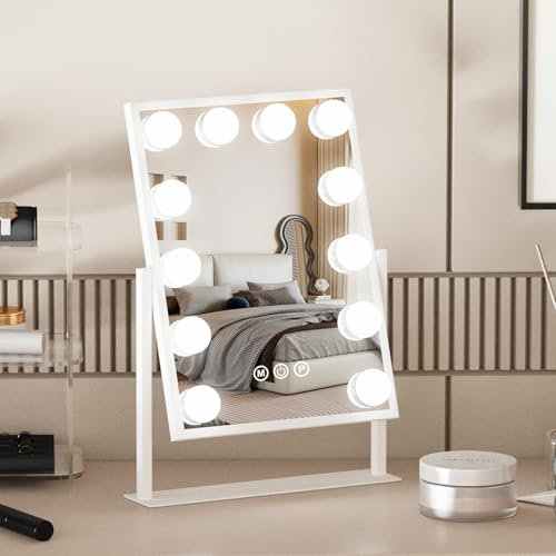 JXMILO Schminkspiegel mit Beleuchtung, 12 LED Licht Dimmbar Kosmetikspiegel, 3 Modi Hollywood Spiegel mit Beleuchtung, Abnehmbar 10-fache vergrößerungsspiegel, Beleuchteter Schminkspiegel 30x40 cm