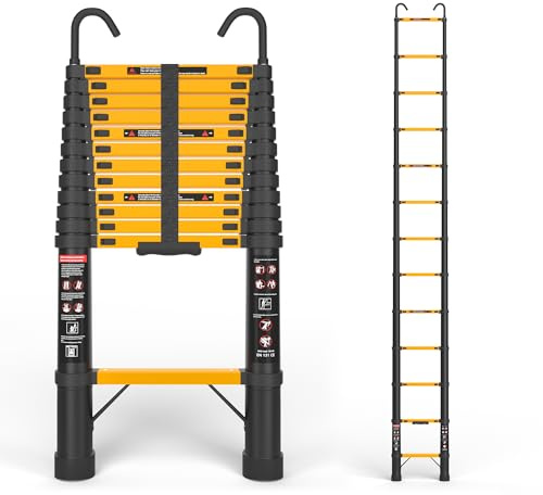 SINMEIRUN 12.5 FT Telescoping Ladder with Hooks, ANSI Certified, Type IA Heavy Duty, 330lbs Max Capacity, Aluminum Extension Ladder for Home, Roof, RV; Yellow