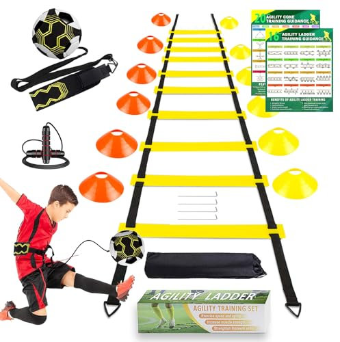BJNCDIO Fussball Trainingszubehör, 6m Koordinationsleiter, 12 Hütchen, Fußballtrainer und Springseil, Fussball Trainingsset Sachen, Fußball Geschenke für Jungs Kinder (Gelb)
