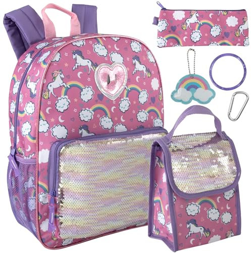 Trail maker Juego de mochila y lonchera 6 en 1 para niñas para la escuela con estuche, botella de agua, llavero adjunto para niños, Unicornios brillantes, L, Casual