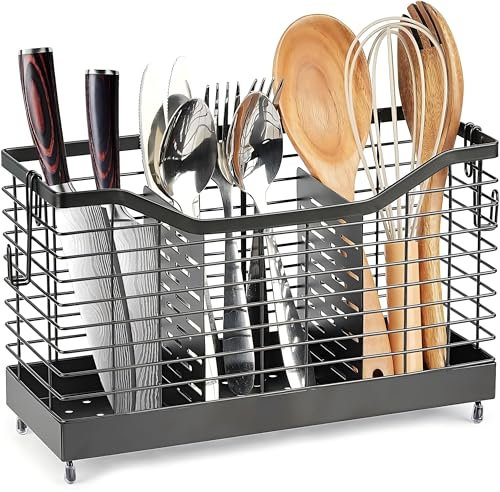 TIMENIL Large Utensil Holder for Kitchen Counter with 3 Compartments，11.8In Black Kitchen Utensil Holder Spoon Holder、Stainless Steel Spatula Holder for Kitchen Storage & Organisation