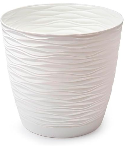 AC - Maceta Redonda con Plato - Diseño Wind (Ø 17 cm) - Fabricado en plástico - Ideal para jardín Exterior, terraza o balcón - Color Blanco Roto