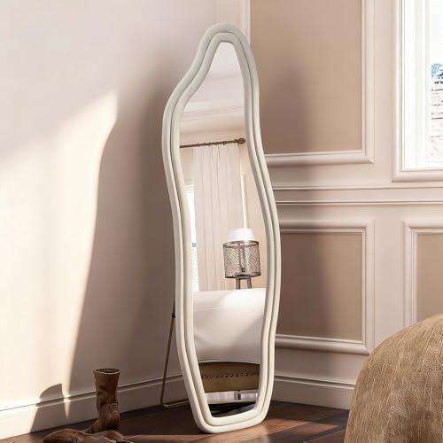 TDRTRD Miroir sur Pied irrégulier,160x50cm Miroir Pleine Longueur avec Cadre en Blanc Velours et Support, Grands miroirs asymétriques, De Toilette et Mural pour Chambre à Coucher, Salon,entrée