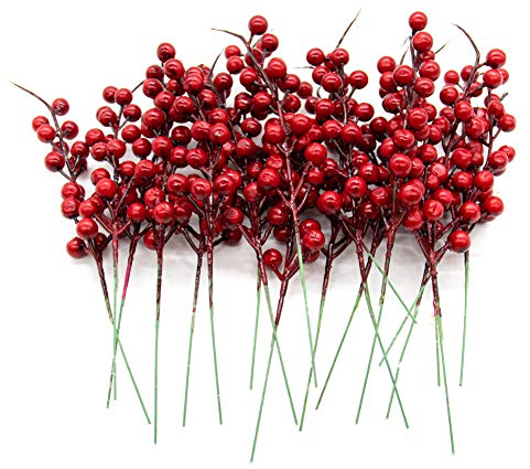 AUEAR, Confezione da 20 steli di Bacche Rosse di Agrifoglio per Albero di Natale, Decorazioni Artigianali, Vacanze e Decorazioni per la casa