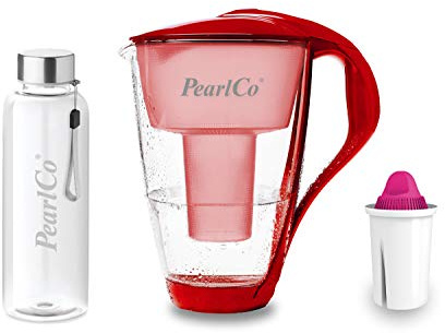 perlopur® Glas-Wasserfilter (rot) +1 Kart. Aquamag +Glas-Trinkfl. | Borosilikatglas, 2 l gesamt, 1 l gefiltert, LED-Anzeige, für classic Kartuschen, Magnesium-Zugabe, ideal für Kaltgetränke