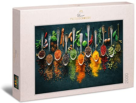 Ulmer Puzzleschmiede - Puzzle „Scharfe Farben“ - 2000 Teile Puzzle – Puzzlemotiv Kräuter & Gewürze, als moderner Eyecatcher in Einer stilvollen Küchen-& Wandgestaltung