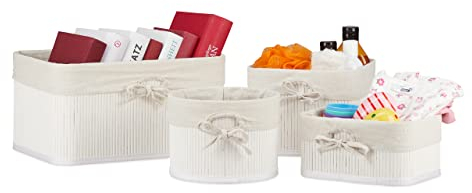 Relaxdays Aufbewahrungskorb 4er Set, Bambus mit Stoffbezug, 4 Größen, Spielzeugkorb, Bad, Kosmetik & Handtücher, weiß