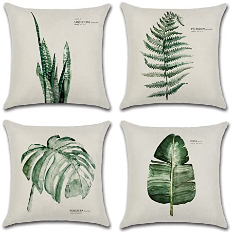 OCEUMACO Leinen Kissenbezug 40x40 Blätter Muster Kissenhülle 4er Set Quadratisch Sofakissen Dekokissen Bezug für Couch Pflanzen Kissen Kissenbezüge Outdoor Deko Zierkissen Couchkissen - Grün