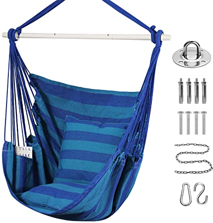 Goutime Schaukel Stuhl Große Hängematte Stuhl Weiche Baumwolle mit 2 Sitzkissen Kissen mit Tragetasche für Innen-/Außen-/Schlafzimmer Patio Garten Balkon, 330 Lbs (Blauer Streifen)