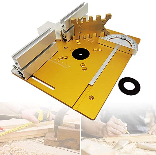 BEESOM Banco Fresa per Panche per La Lavorazione del Legno, Piastra Fresatrice con Set di Guide per Calibro, Piastra di Inserimento del Tavolo del Router Multifunzionale,Golden-4pieces