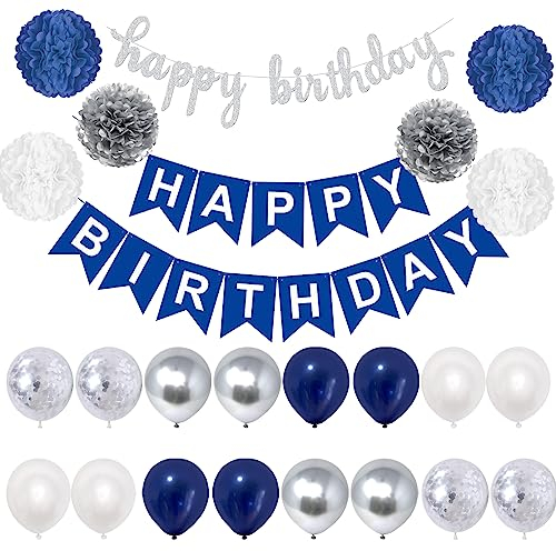 Happy Birthday Blau Weiß Geburtstag Deko Luftballons Blau Silber Geburtstagsdeko Seidenpapier Pompons für Geburtstag Dekoration Junge Mädchen