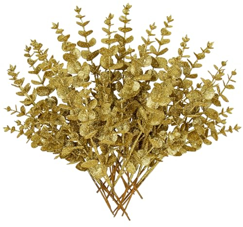 Oairse 20er-Set Kunstpflanze Kunstzweig Weihnachten deko Glitzer, Weihnachten Blätter für Weihnachtsbaum Neujahr Ornamente, Künstliche Eukalyptus für Feiertags-Esstischdekoration, Gold