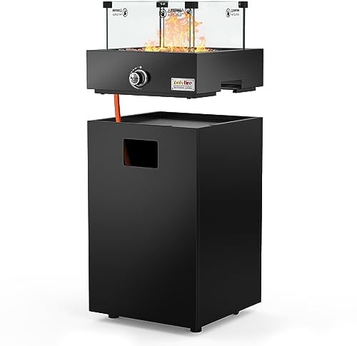 Onlyfire 23000BTU - Braciere a gas per esterni, con protezione dal vento, ruote e pietre laviche, camino da terrazza con accensione elettronica, per giardino e balcone, colore: Nero