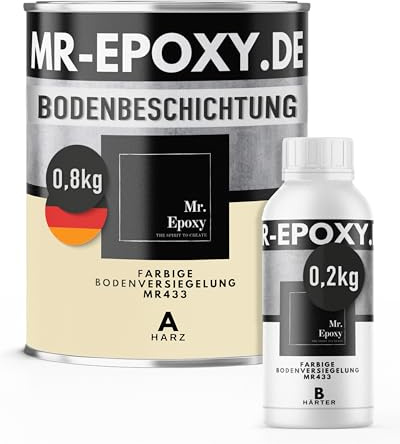 Mr. Epoxy Epoxidharz Bodenbeschichtung (1 kg, RAL 1015 Hellelfenbein) | 2K Betonfarbe für Garagen, Keller & Werkstatt Boden - Flüssigkunststoff Epoxid Grundierung und Bodenversiegelung