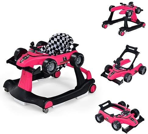 LIFEZEAL Girello Neonato 6-18 Mesi, 4 in 1, Girello per Bambini 6-18 Mesi, Baby Walker Pieghevole, con Altezza e Velocità di Ruote Regolabili, Primi Passi, con Luce e Musica, Portata 15 kg, Rosa Scuro