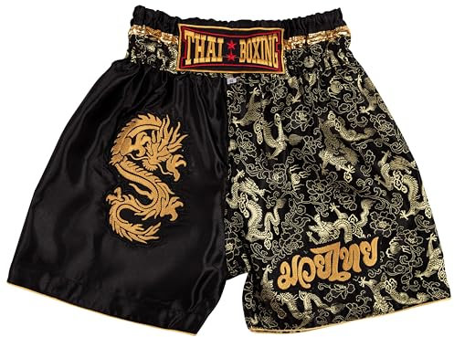 MUAY NATION Muay Thai Shorts für Kinder (2 Jahre - 12 Jahre) Mädchen Jungen Boxhosen für Kickboxen MMA Kampfsport (DE/NL/SE/PL, Alter, 4 Jahre, 6 Jahre, Regular, Drachen Schwarz)