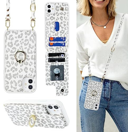 Cavor Phone Case compatible with iPhone 11 With Card Holder With Lanyard Strap,Flip Leather Wallet Case,Ring Kickstand Shockproof Cover Case compatible with iPhone 11 - White Leopard