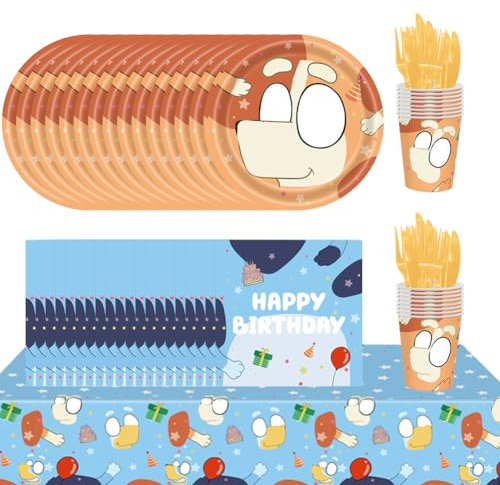 Cartoon Puppy Tableware 85pcs Blue Dog Birthday Party Supplies, Blue Cartoon Birthday Party Tableware Set, Includes Paper Plates, Cups, Napkins, Tablecloth