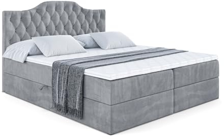 ALTDECOR Boxspringbett mit Matratze und Lattenrost, Boxbett, Topper, Polsterbett mit Bettkasten, Bett mit Stauraum H3-Matratze, Doppelbett, Springboxbett - Vila-1-140x200 - Grau Samt